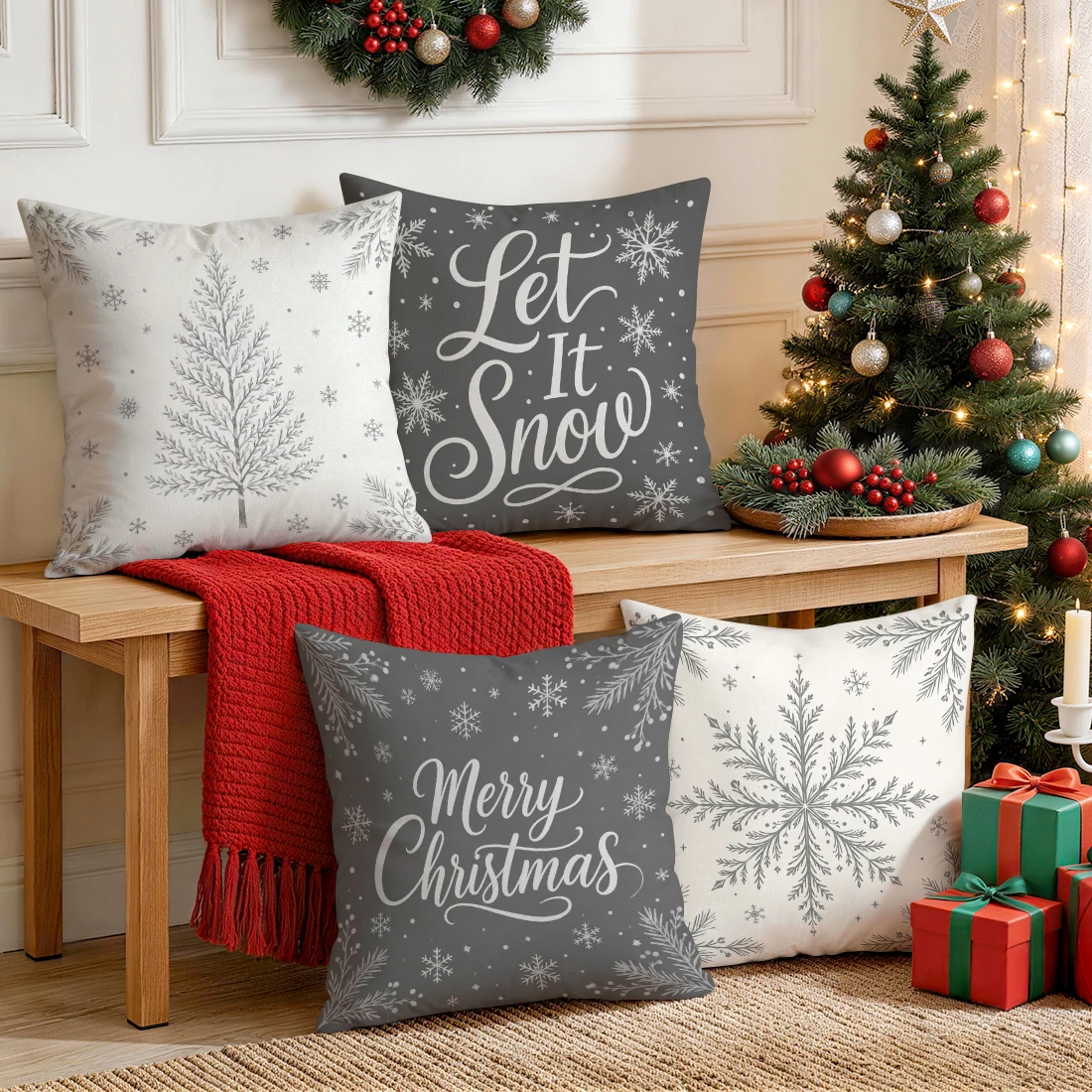 Christmas Snowflake Pillowcase Printed Polyester 40/45/50cm Throw Pillowcover Decorative Sofa Cushion Pillowslip Home Decor
