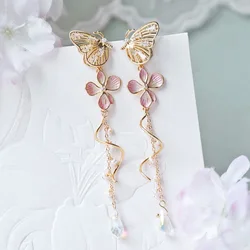 Korean Elegant Flower Butterfly Earrings For Women Exquisite Crystal Zircon Long Tassel Drop Earrings Girls Temperament Jewelry