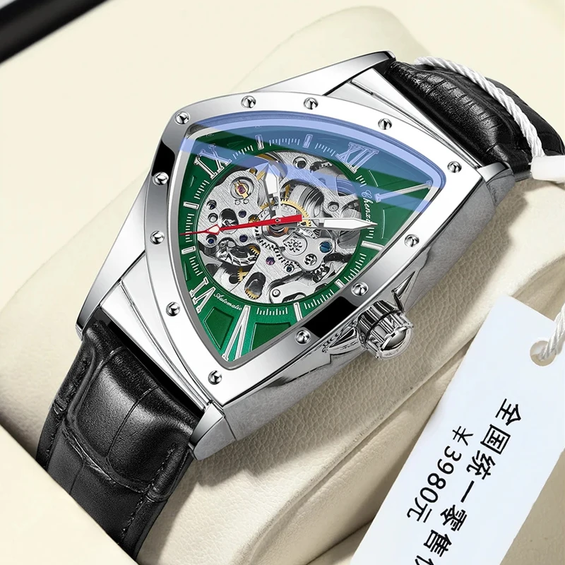 

New Fashion Unique Triangular Dial Mechanical Watch for Men high-end Leather Strap Waterproof Skeleton Automatic Watches Mens