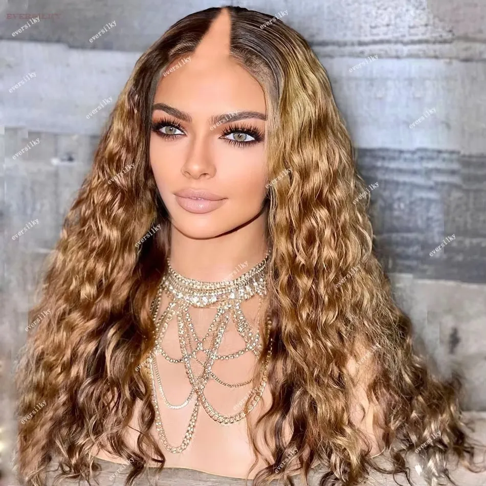 Ombre Chentust Blonde Bouncy Kinky Curly V Part Wigs Unprocessed Human Hair Highlight Strawberry Brown Water Wave Full U Shaped