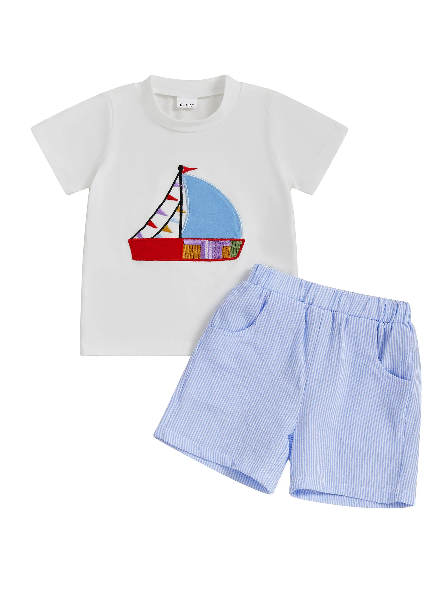 ชุดเดินเรือเด็กทารกน่ารักพร้อมเสื้อยืด Anchor Applique และกางเกงขาสั้นลายทางสีน้ําเงินกรมท่าชุด 2 ชิ้นสําหรับความสนุกสนานในฤดูร้อน