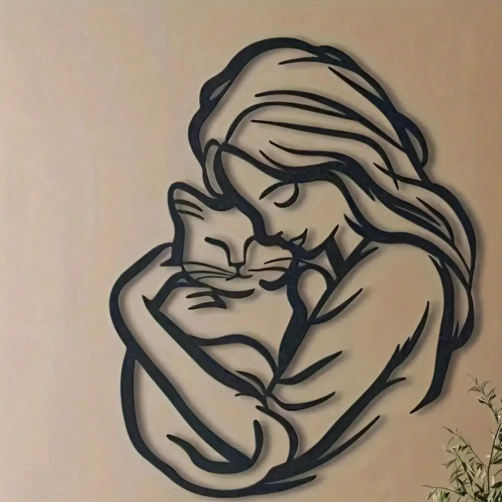 Woman Cat Embrace Metal Wall Decor Fade Resistant Cute Art Bedroom Bathroom Rustproof Iron Hanging Unique Home Gift Ornament