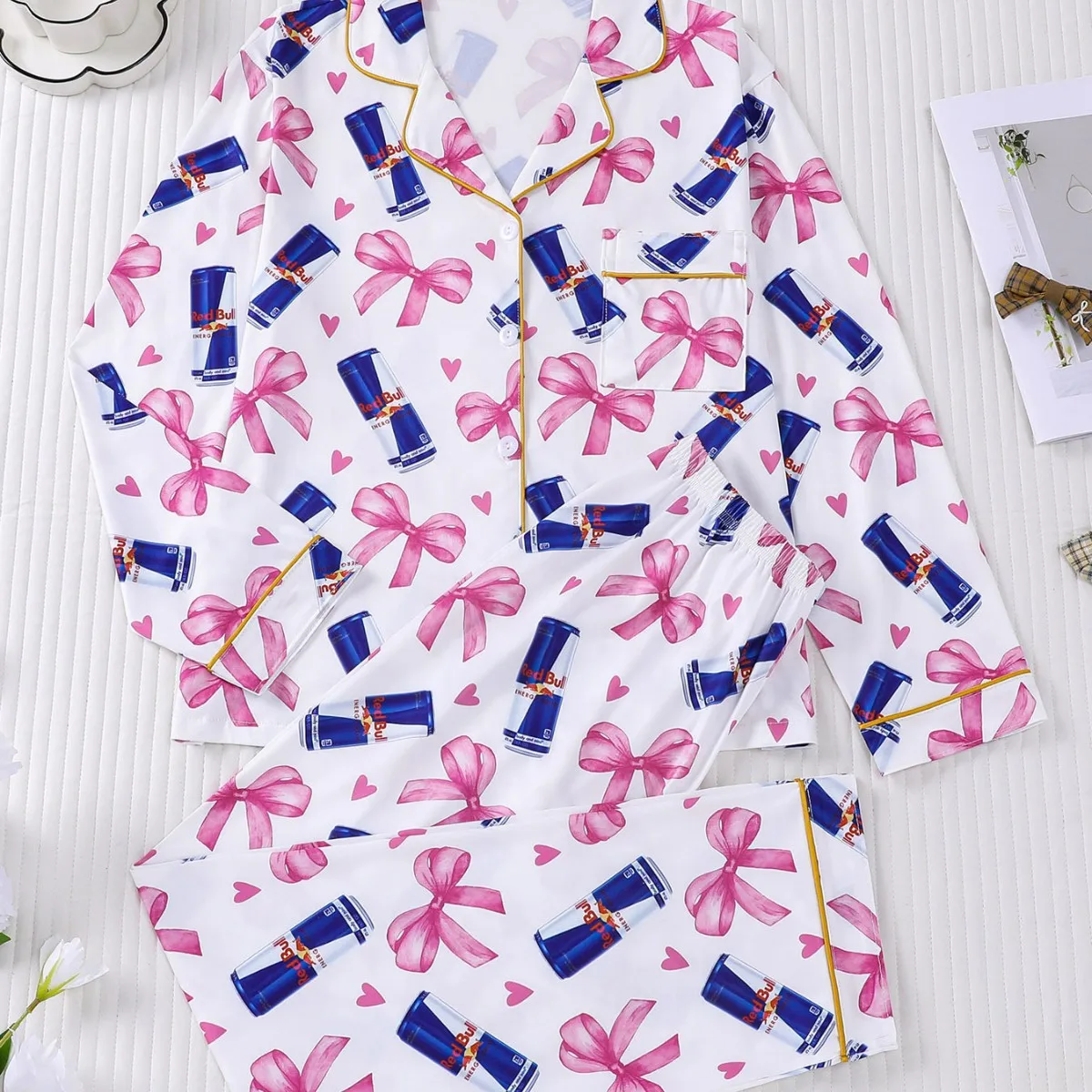 

Women Spring Summer Casual Pajamas Set Long Sleeve Lapel Bow All-over Print Shirt + Pants Sleepwear Female Leisure Loungewear