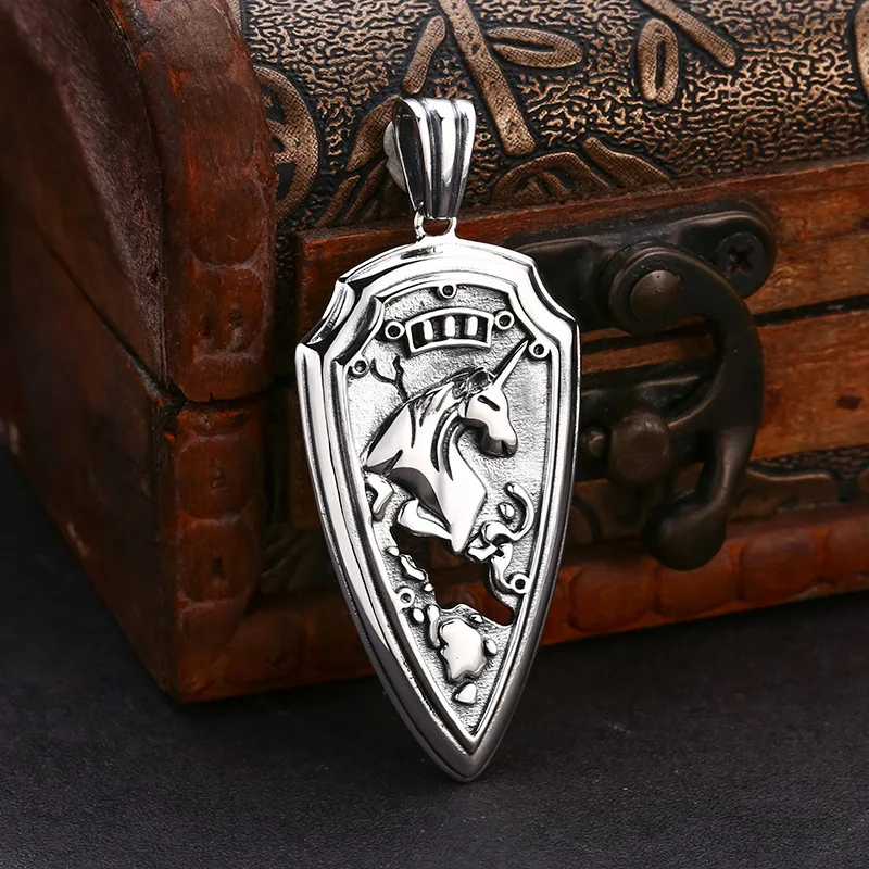 S925 Sterling Silver Unicorn Pendant Black Color Old Process Relief Design Unisex Shield Fine Jewelry FYNE363