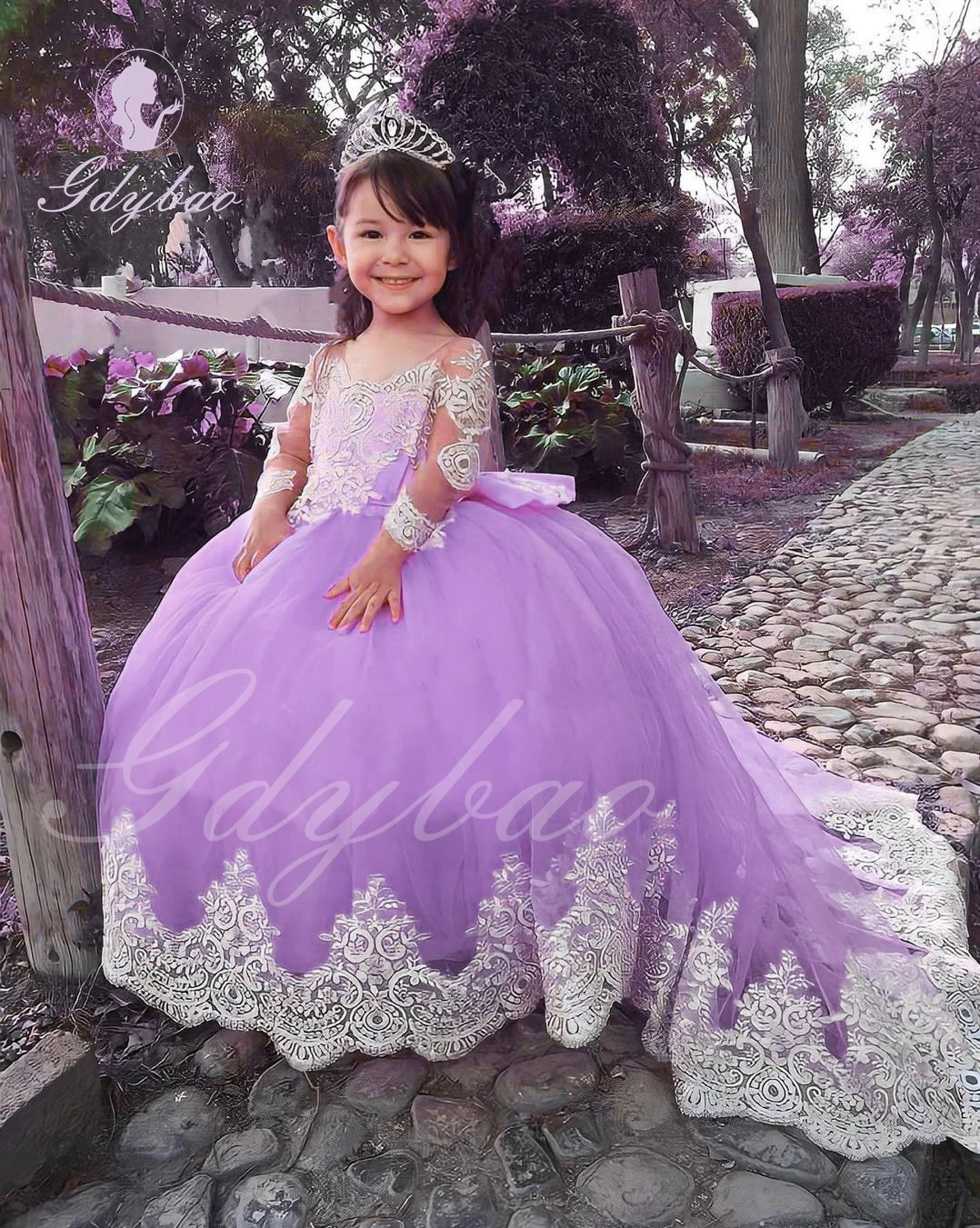 Orange/Yellow Flower Girl Dress For Wedding Lace Applique Puffy Full Sleeves Baby Kids Birthday Party Ball First Communion Gowns