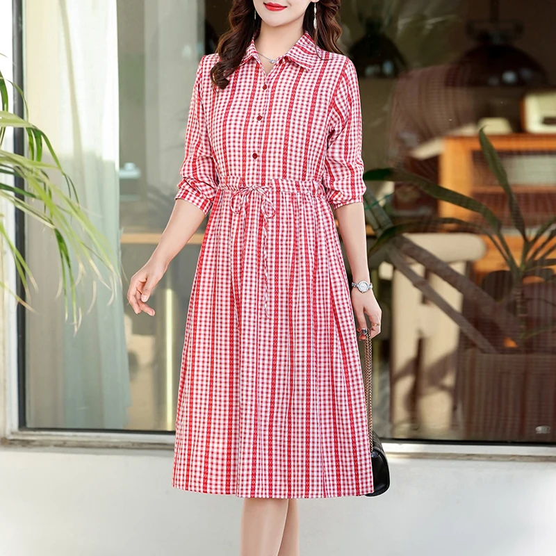 

2026 Spring Summer New Dress British Style Elegant Long Dress Mid-Length Plaid Casual Women's Long Sleeve Buttoned Waist Dress