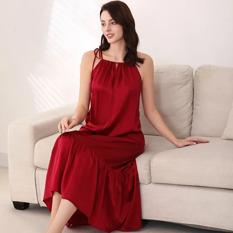 Wedding 100% Mulberry Silk Pajamas Midi Dresses Women Spring Summer Sexy Sling Dress Loose Long Nightdress Sleepwears For Female