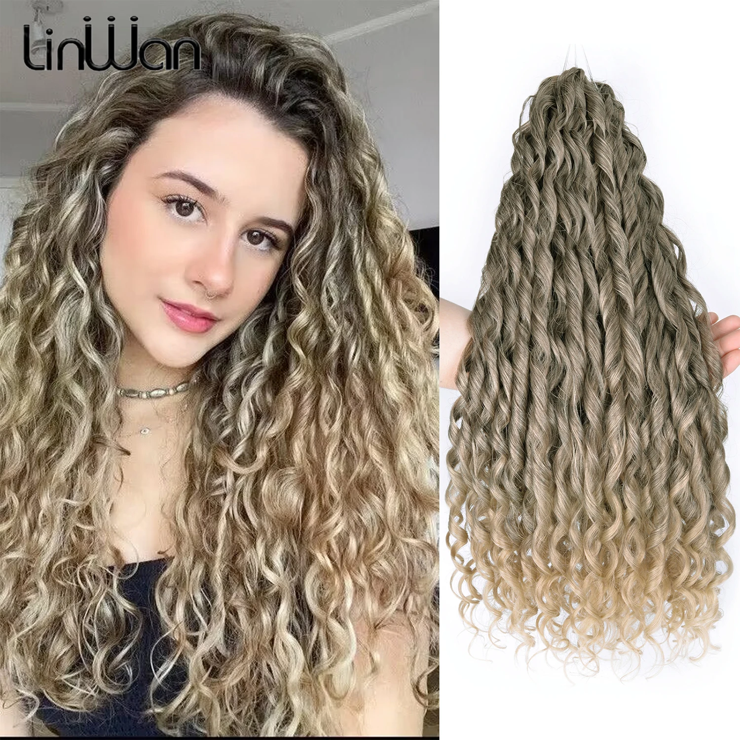 Extensões do cabelo do Jay-crochê para mulheres, cabelo sintético macio, onda profunda, ombre louro, 22 polegadas