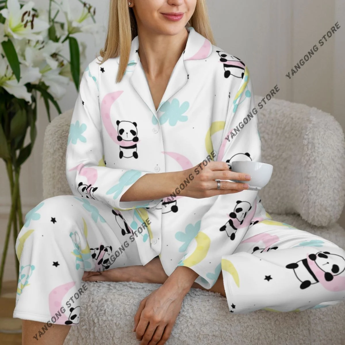 Women Sleepwear Loungewear Cute Little Panda Sleep On The Moon Long Sleeve Lapel Neck Shirt and Elastic Waist Pants Pajamas Set