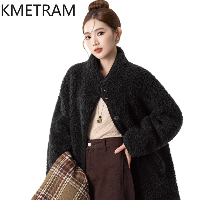

KMETRAM 100% Genuine Wool Slimming and Versatile Stand-Up Collar Fur Coat for Women in 2025-2026 Autumn-Winter Season Fourrure