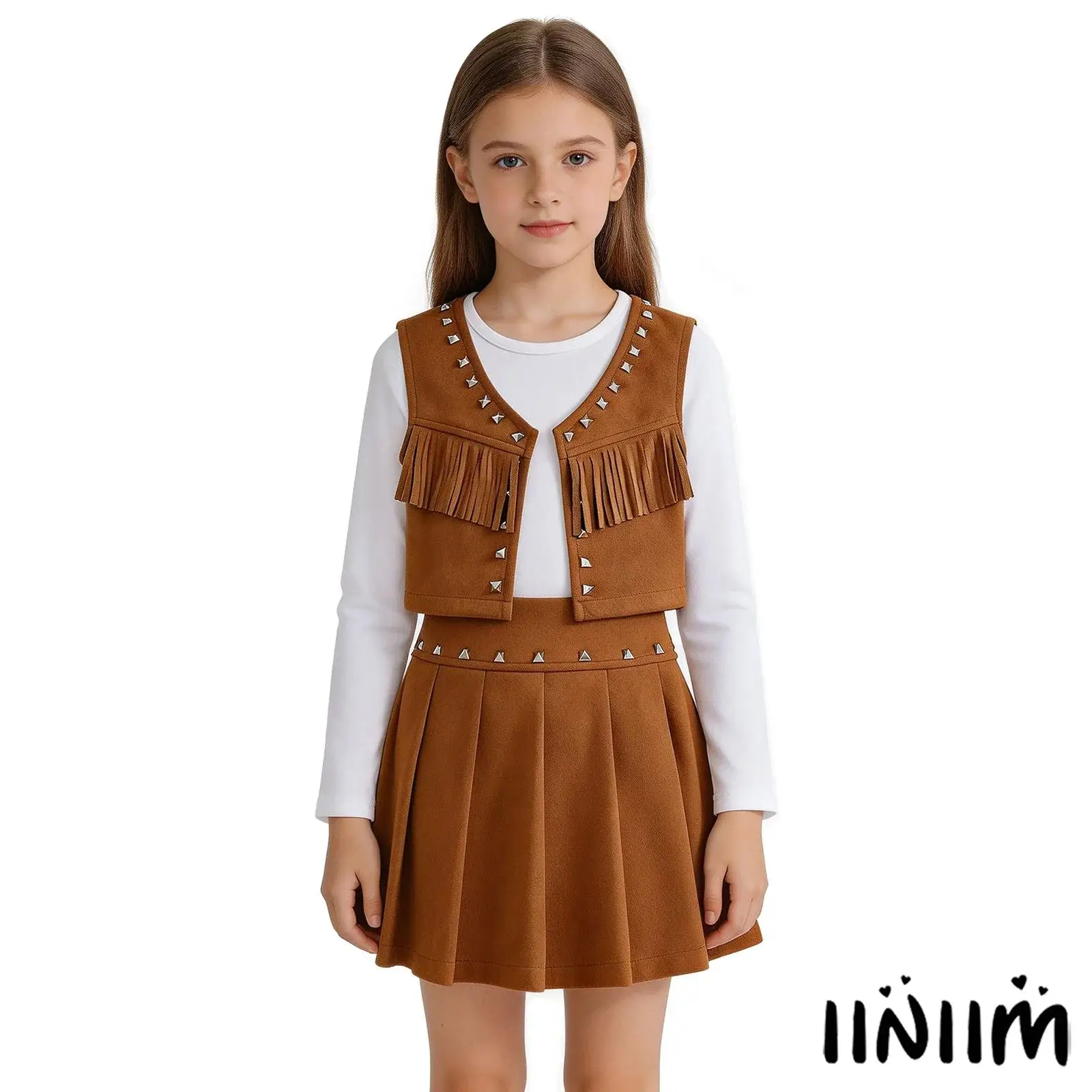 Conjunto de disfraz de gamuza para niñas, 3 piezas: camiseta de manga larga con chaleco de flecos y remaches, y falda plisada para uso diario, fiestas temáticas de vaqueras o ocasiones informales.