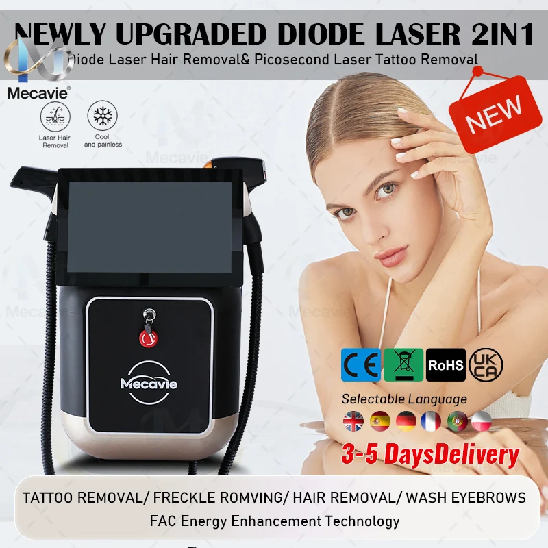 

Аппарат 2-в-1: пикосекундный Nd:YAG-лазер для карбонового пилинга и удаления татуировок, диодный лазер 808, 755, 940, 1064 нм для быстрого охлаждения и удаления волос