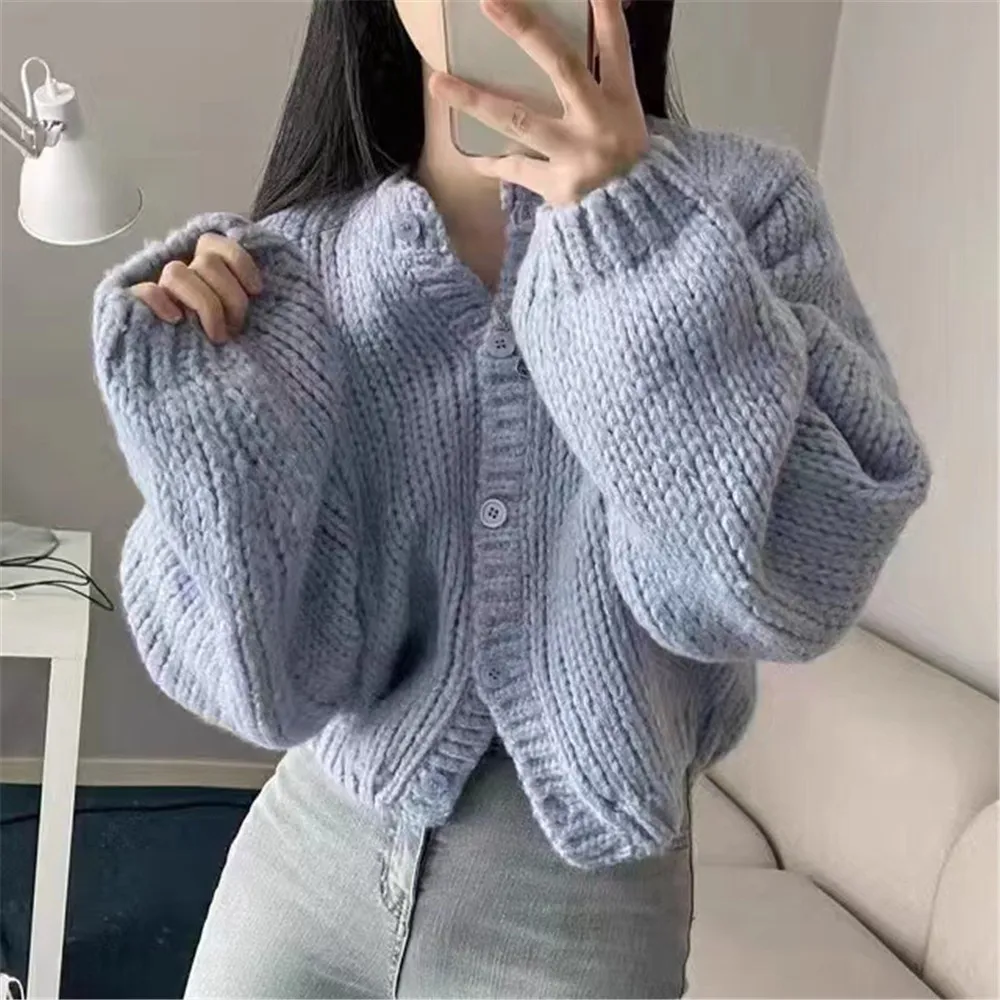 Fashion Korean Autumn Winter Women Single Breasted Knitted Coats Crochet Jackets Ladies Oversized Cardigan New Outwear Sweaters