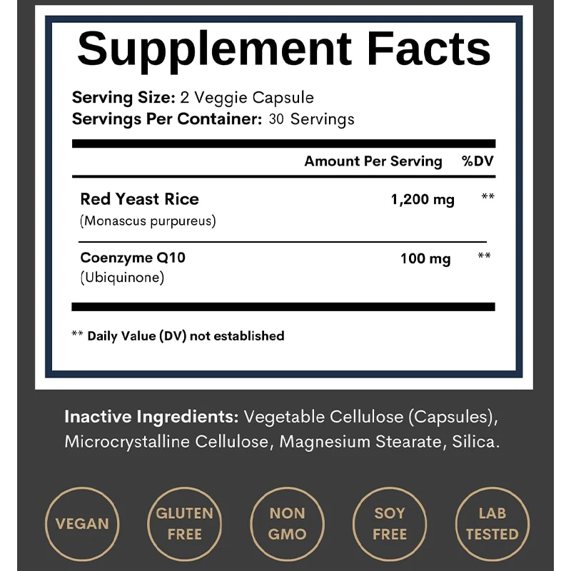 Red Yeast Rice Contains Q10-1200mg of Coenzyme Q10-1200mg, Supporting Cholesterol Levels and Heart Health, 60 Capsules