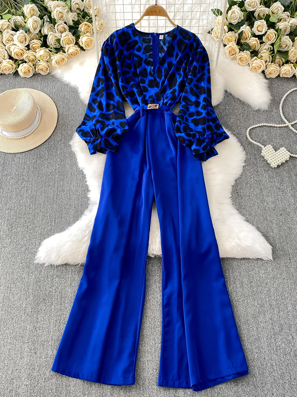 

Slimming Wide Leg Pants Sexy V Ne Leopard Print Long Sve Women's Autumn Belted Waist Cinching Ensemble