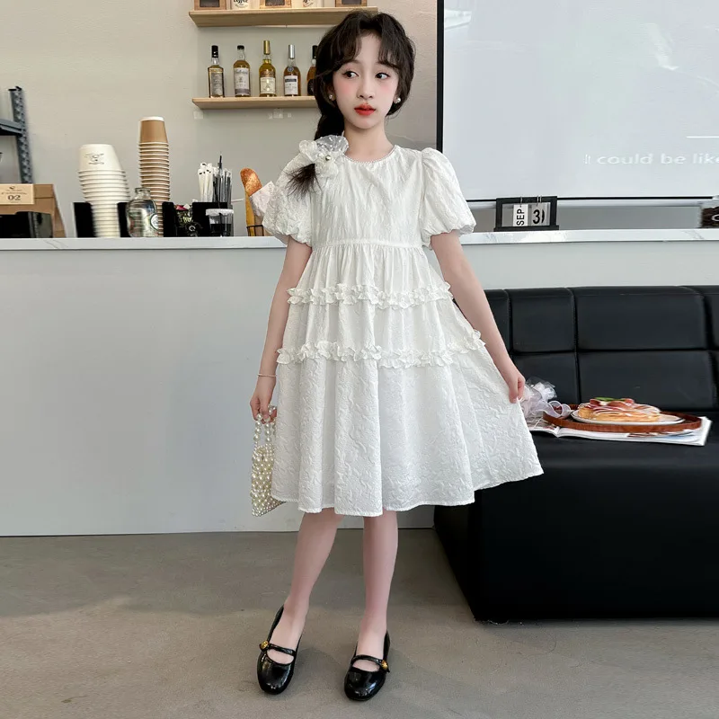 Girls Skirts 2024 Summer New Childrens Clothing Girls Big Children Foreign Style Sweet Bubble Sleeve Embossed Princess Dress