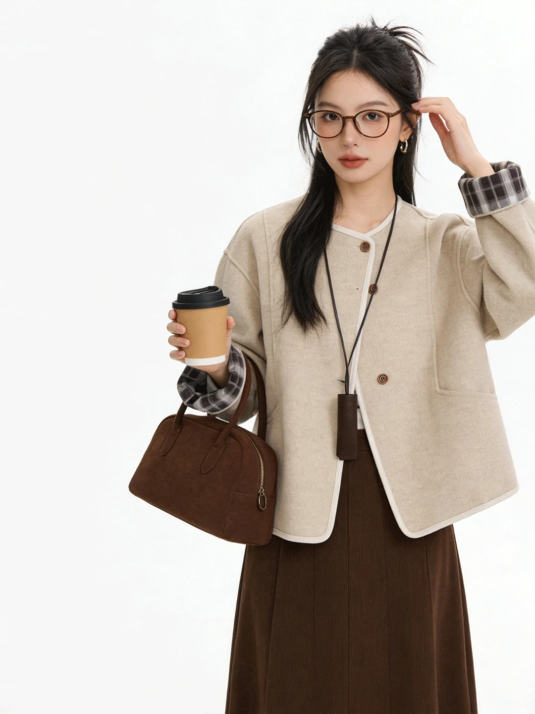 Korean Retro Double-Sided Woolen Plaid Color Block Short Coat High-End Early Spring New Style Young Women's Fashion Outerwear