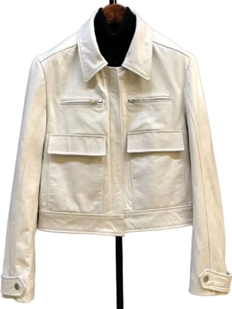 Damska kurtka biurowa ze skóry owczej, jednolity kolor, kołnierz, luźny krój, kieszenie, zamek błyskawiczny, długi rękaw, styl retro, odzież wierzchnia.