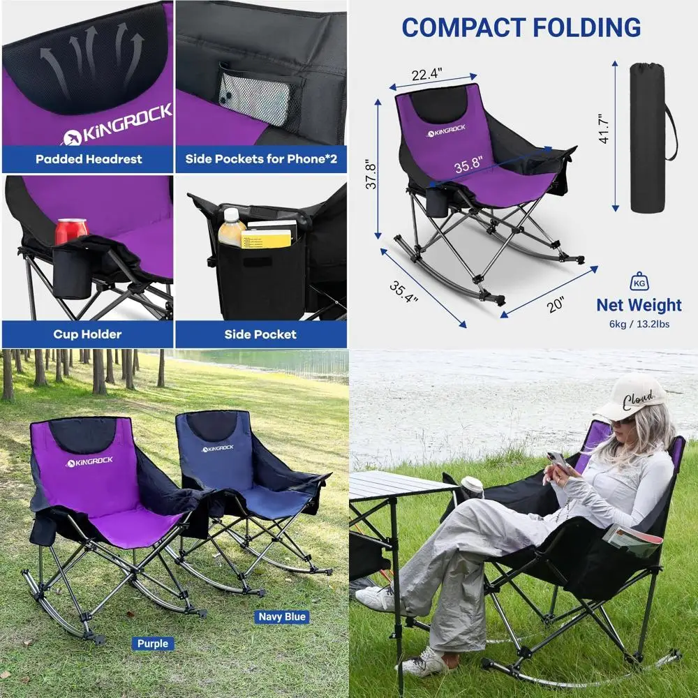 

Большое складное кресло-качалка для кемпинга с подголовником и сумкой для переноски, выдерживает нагрузку до 120 кг, портативное кресло-реклайнер для взрослых