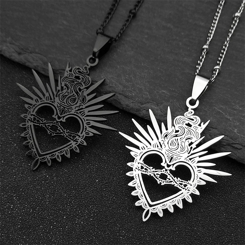 Jesus Sacred Heart Pendant Neckalce For Women Men Stainless Steel Silver Color Hollow Christ Sacred Words Verses Chain Jewelry