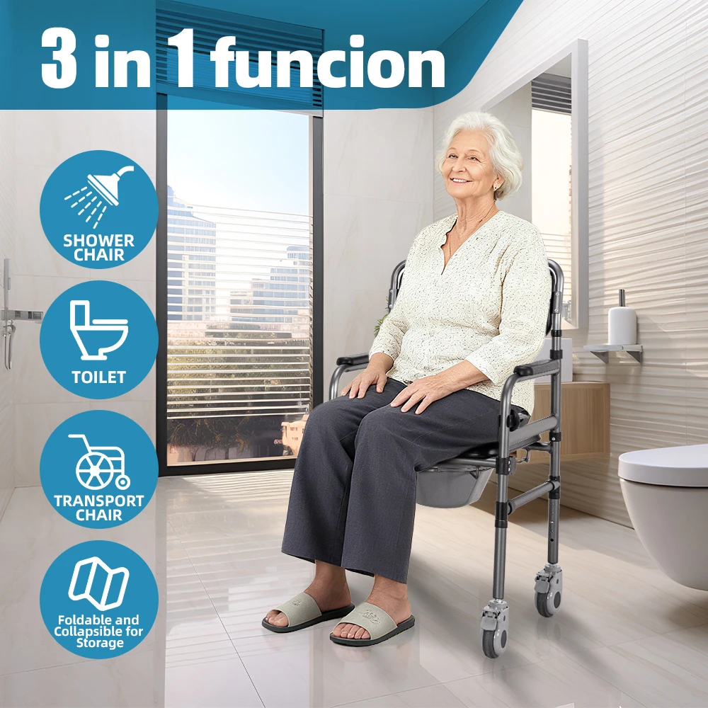 Removable Aluminum Toilet Chair with Wheels for Patient Elderly Shower Foldable Commode 250kg Capacity Bathroom Safety Equipment