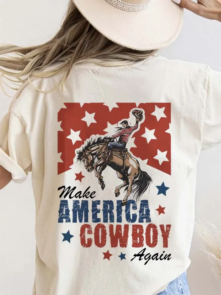 Cowboy American Flag Guitar 4th of July Guitarist USA Country Music T-Shirt Printed Round Neck Comfortable Top For Summer