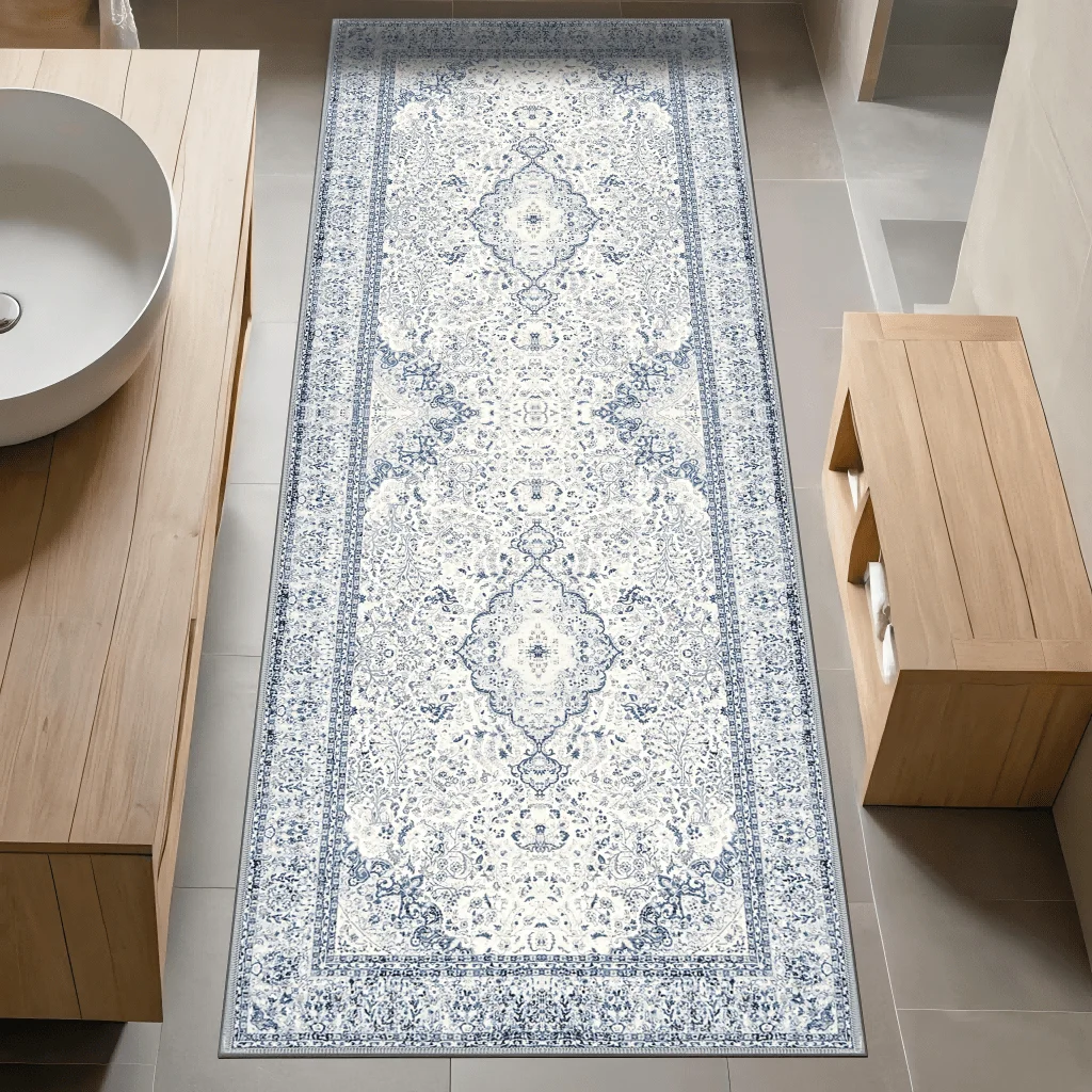 Vintage Medallion Runner Rug with Ornate Floral Scrollwork and Blue Framed Borders for Bathroom Floors and Vanity Areas as a Long Carpet for Guest Baths Hallways or Entryways with Elegant Home Accent Classic Interior Styling and a Housewarming Gift