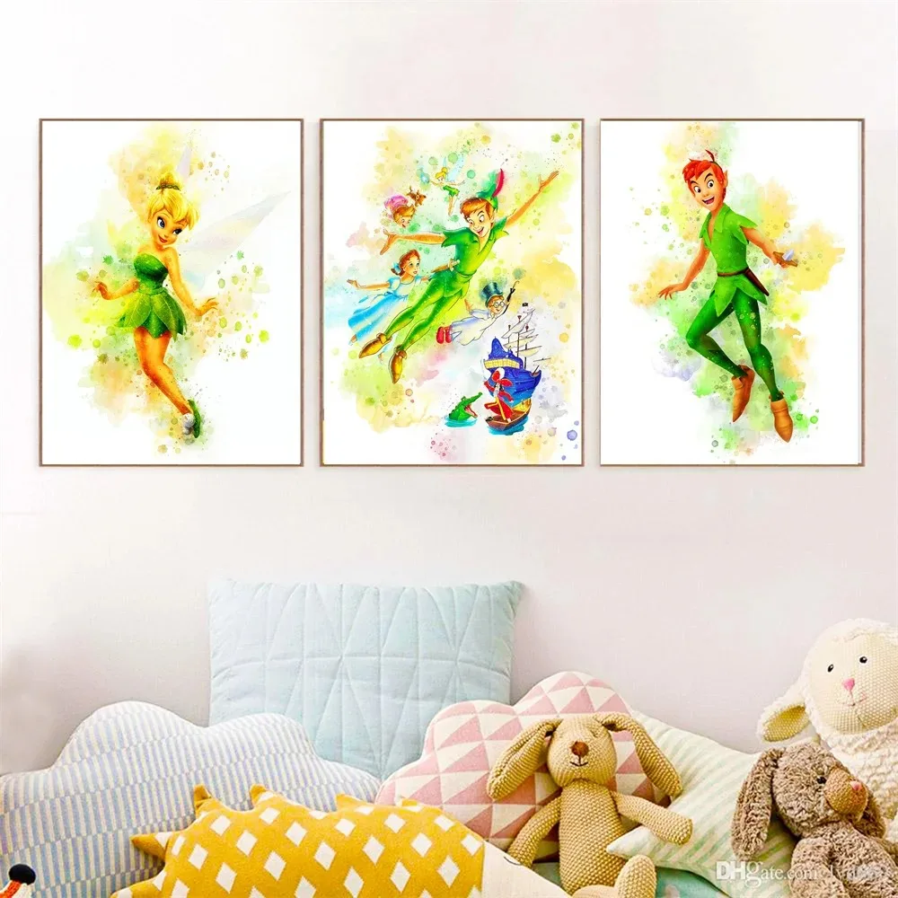 Peter Pan Poster Disney Print Watercolor Art Disney Peter Pan Tinkerbell Prints Nursery Wall Decor Canvas Painting for Home