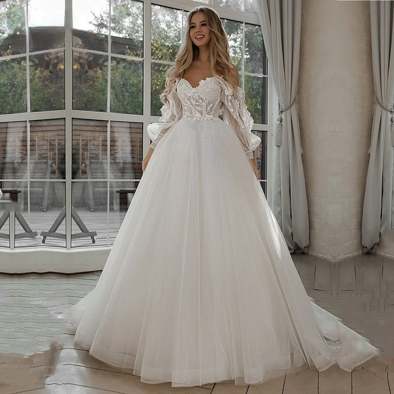 Gaun pernikahan lengan Puff applique renda 3D bunga bahu terbuka gaun pengantin Tulle Boho 2022 vestidos de novia