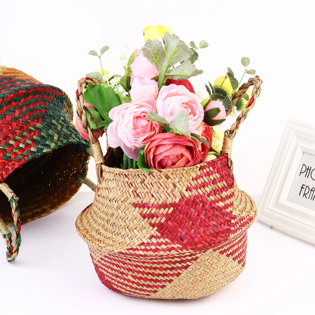 Double Handle Storage Bin Basket Straw Potted Gift Plant Wooden Linen Woven Practical