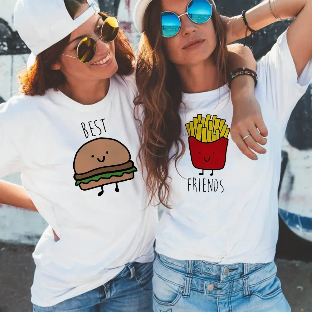 Melhores amigos gráfico camiseta feminina verão manga curta irmã bff t camisa feminina topo branco casual camiseta femme