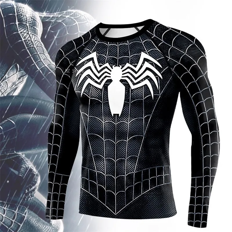 

Marvel New Men Black Spiderman Long Sleeved Tight Fitting 3D Printed Quick Drying Elastic T-shirt for Birthday Gift