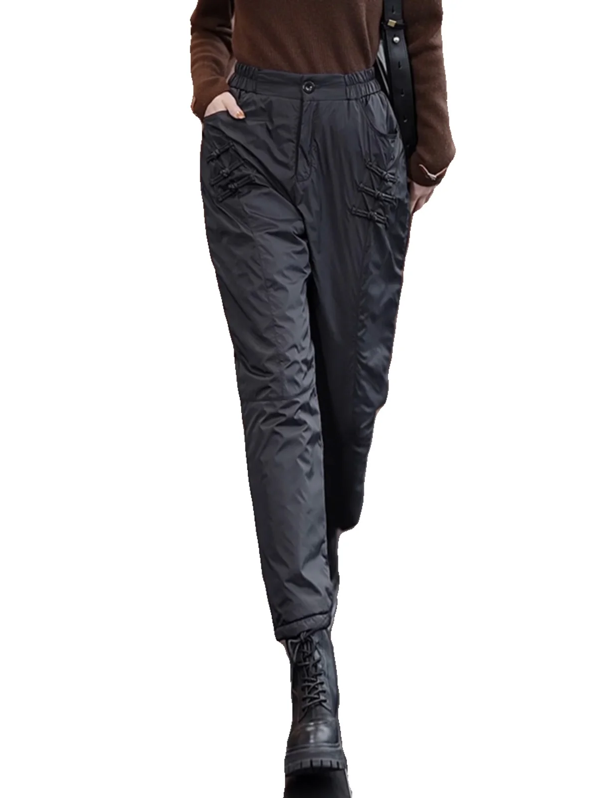 Lightweight down Cotton Pants for Women Winter High Waist Straight Leg Harlan Boot Trousers Anti Wind Warm Button Detail