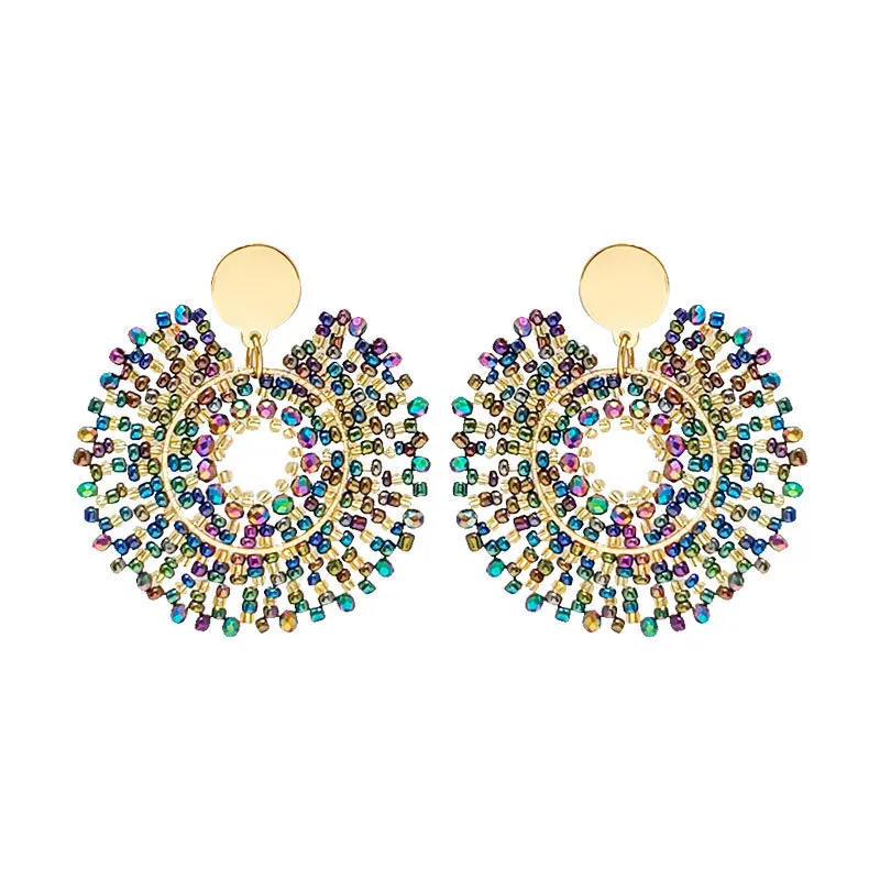 Beaded earrings Crystal Dazzling Roundness Hollow out Originality Hand knitting Bohemia Alloy Tide Simple Rice bead earrings