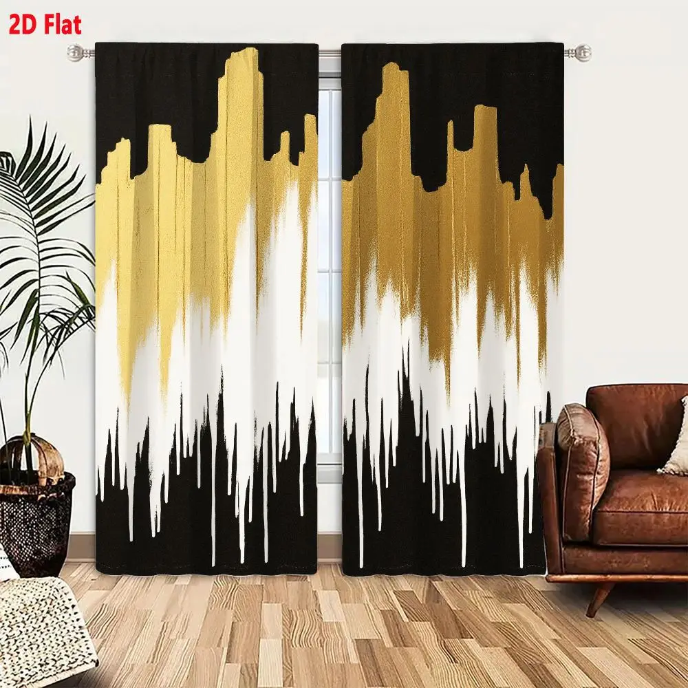 2Pcs Curtains 2D Flat Abstract Artwork With Vertical Gold White Black Forms On Solid Black Background Window Drapes for Bedroom