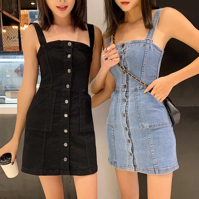 

2022 Spaghetti Strap Denim Dress Women Summer Sexy Single-breasted Min Jeans Dresses Silm Sheath Sundress Vestidos