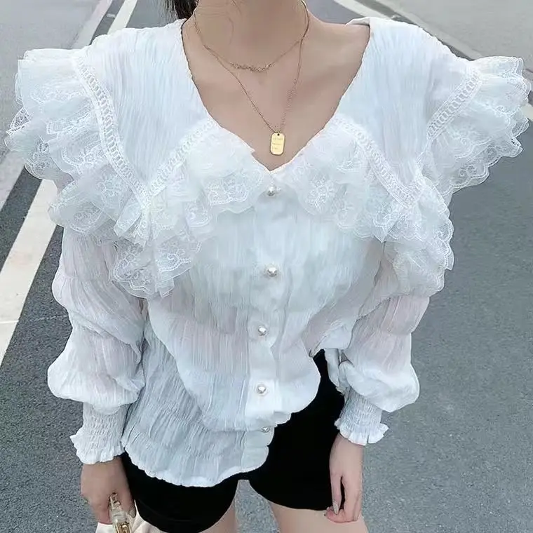 European Station 2024 Autumn New Lace Shawl Pleated Design Sweet Flare Sleeves Slimming Shirt for Women