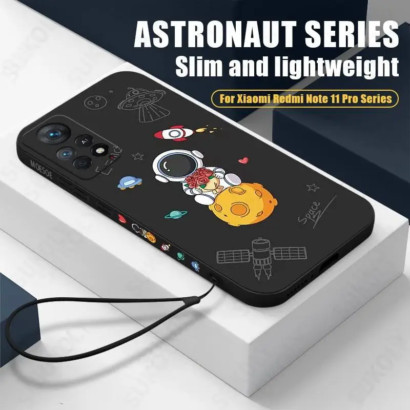 Lanyard Strap Astronaut Phone Case For Xiaomi Redmi Note 11 12 13 14 Pro 5G 14 4G Poco F6 X6 X5 11T 13T 13C Pro Silicone Cover