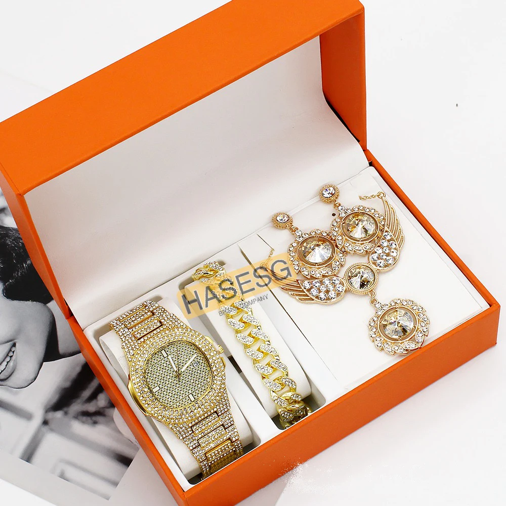 Luxury Women Watch Set Gold Watches Necklaces Bracelet Earrings Cuban Chain Rhinestones Bling Jewelry 4Pcs Sets Gifts For women