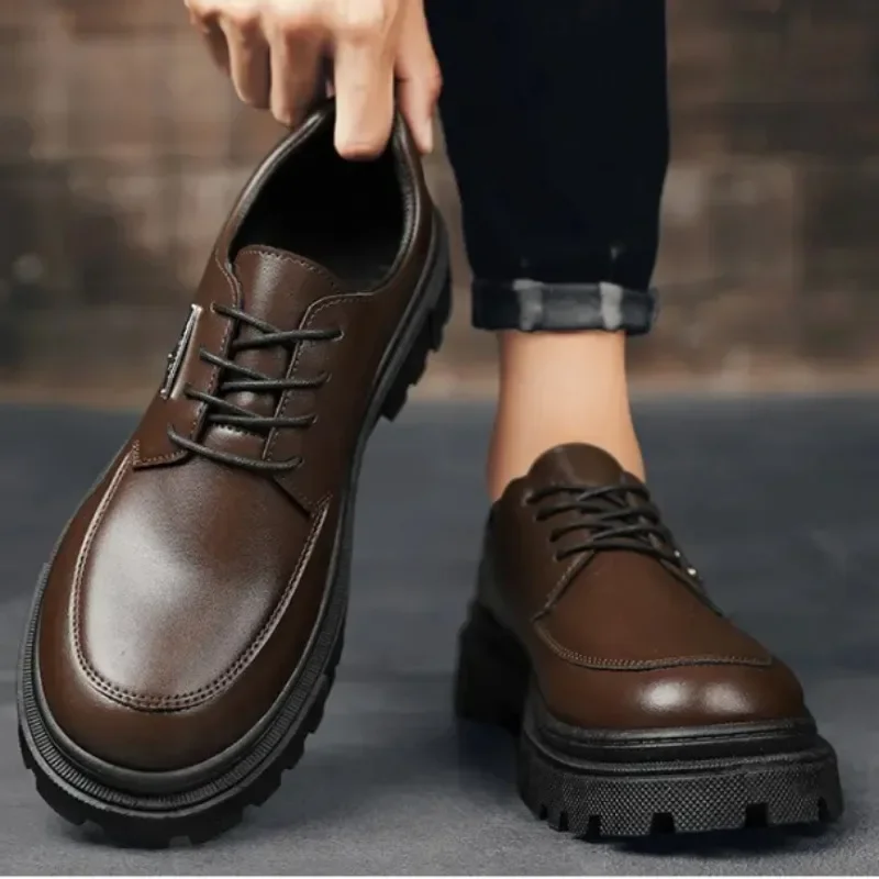 Lace Up Platform Leather Shoes for Men Round Toe Thick Sole Office New In Fashion 2024 Man Casual Shoe Footwear Offer Promotion