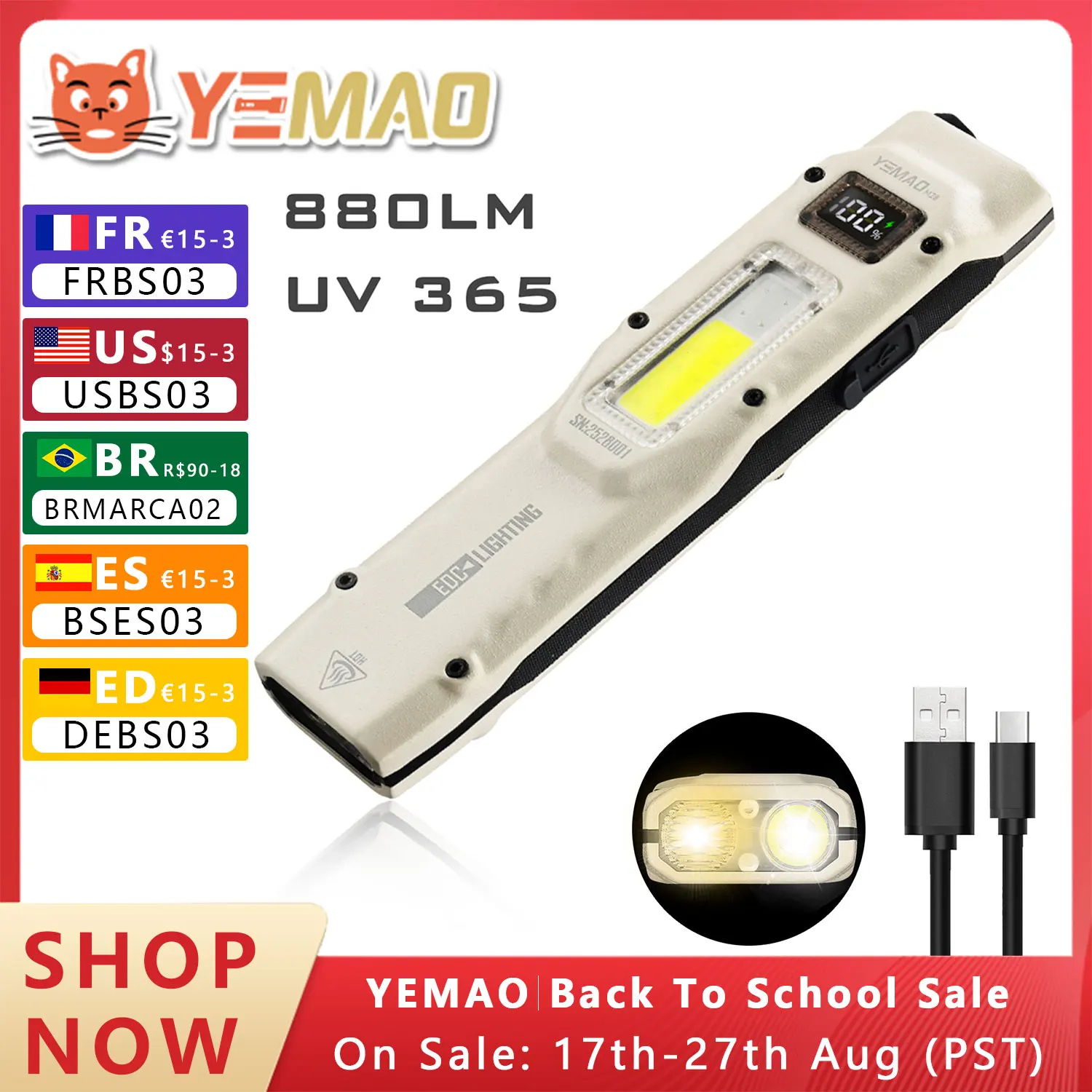 

Portable 880LM YEMAO M28 Ultra-thin Tactical work Flashlight With Two Way Clamp 1000mAh dual core XPL wick Digital display IPX4