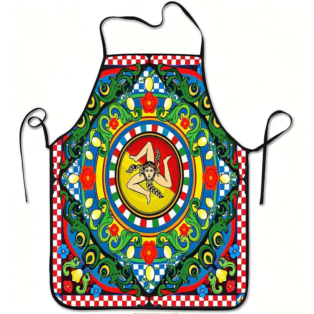 1 Piece Italian Sicilian Themed Apron, Vintage Design with Curly Grass Patterns, Lemons and Flowers, Unisex, Perfect for Crafts, Baking, Painting, Kitchen and Household Cleaning, Home Cooking, Chef, Waiter, Cafe, Barbecue Restaurant Apron, 21.7× 28.7inch , Perfect Holiday Gift Idea for Family and Friends