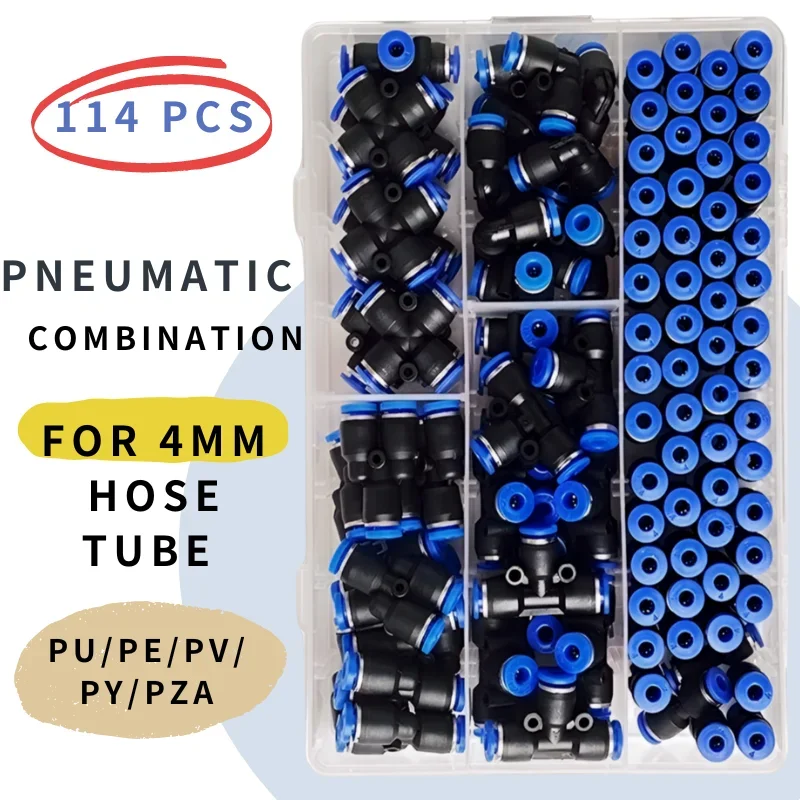 114 PCs Boxed PU-4/PE-4/PZA-4/PY-4/PV-4/PG-4 Pneumatic Fitting Kit 4mm Outer Diameter of the Hose Pipe Tube Air Connectors