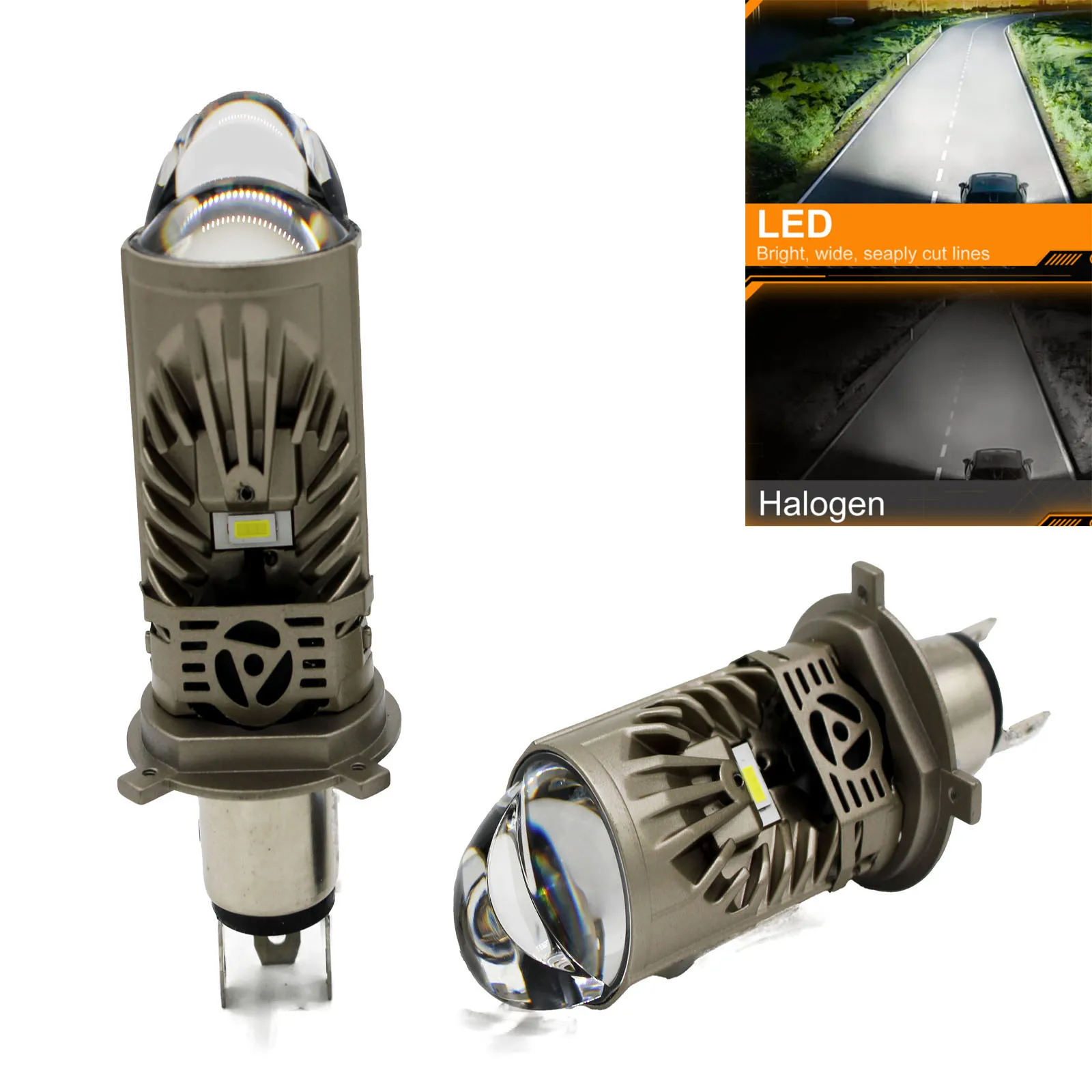 2Pc LED Projector H4 9003 LED Headlight Bulbs Kit High Low Beam 148W 14800LM Super White 6000K