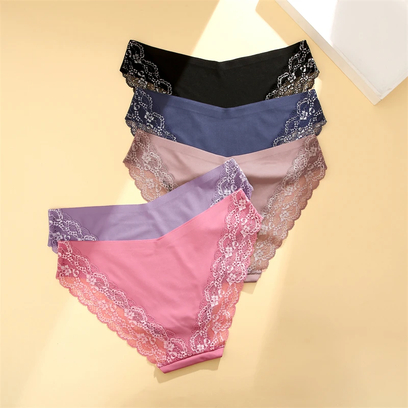 2Pcs Seamless Stretch Underwear Women Sexy Lace Floral Panties Recycled Materials Breathable Briefs Low Waist Comfort Lingerie