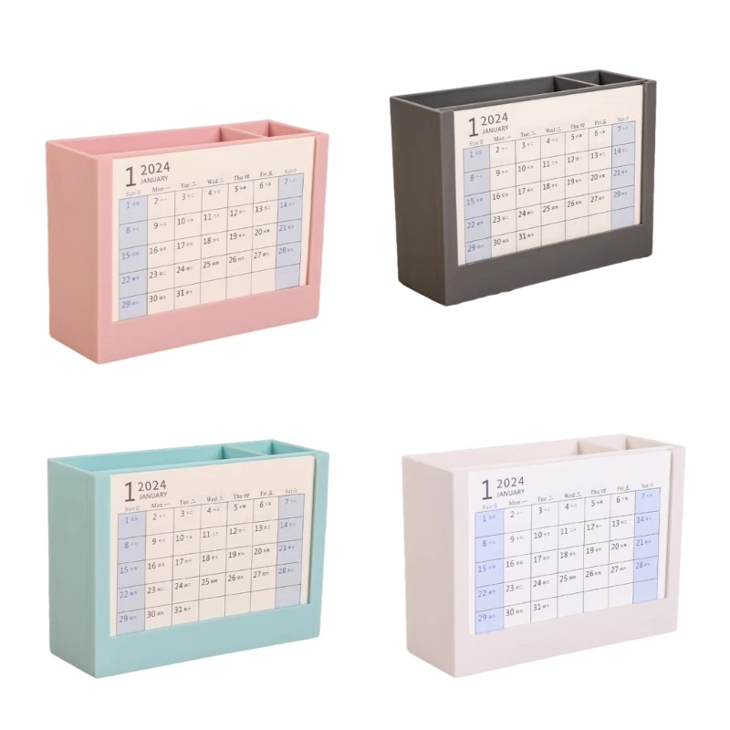 Multi purpose Pen Cup 2-IN-1 Pencil Holder with 2024 Desk Calendar, Office Desk Pen Organiser Holder Monthly Calendar Dropship