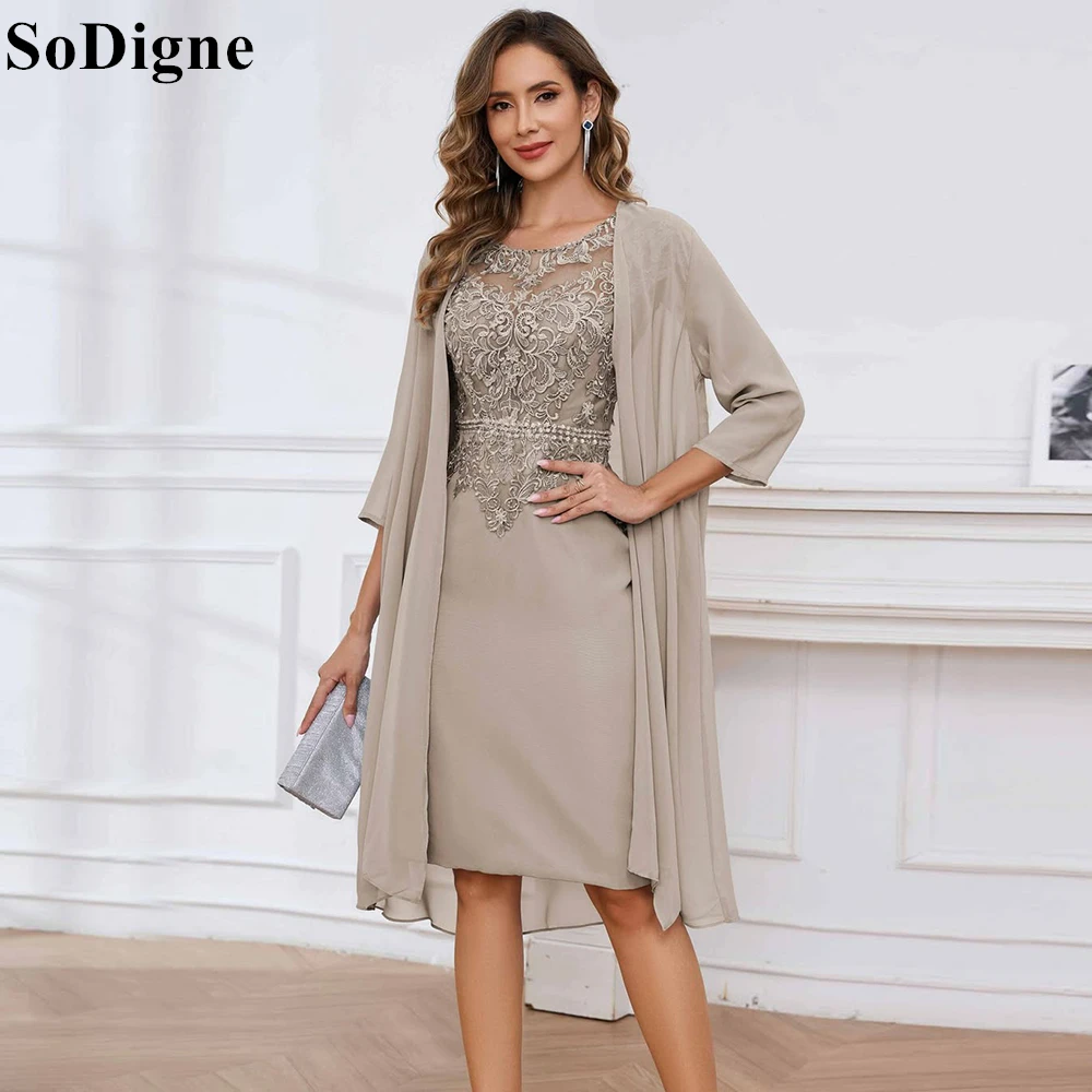 

SoDigne Elegant Gray Chiffon Evening Dresses Cape Scoop Lace Knee Length Banquet Party Dress 2025 Short Prom Gowns Customized