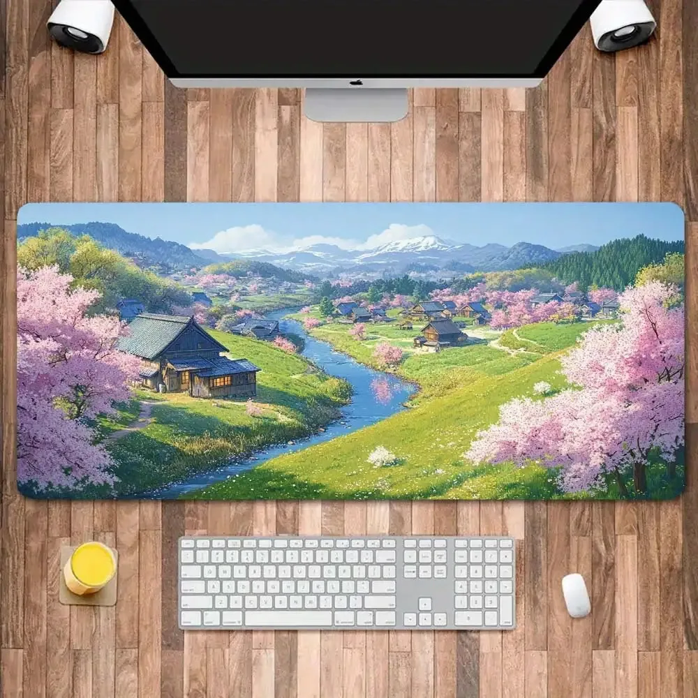 Cherry Blossom Village Stream Landscape Extended Gaming Mouse Pad Desk Mat for Office and Home