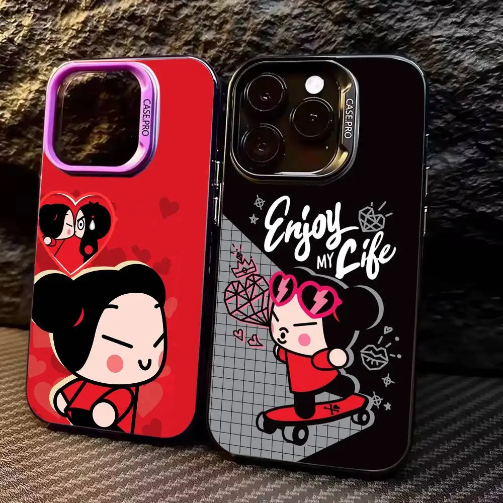 

Cute C-Cartoon Pucca G-Garu Phone Case For iPhone17,16,15,14,13,12,11 Plus,Pro Max Colored Silver Plated Inside Cover