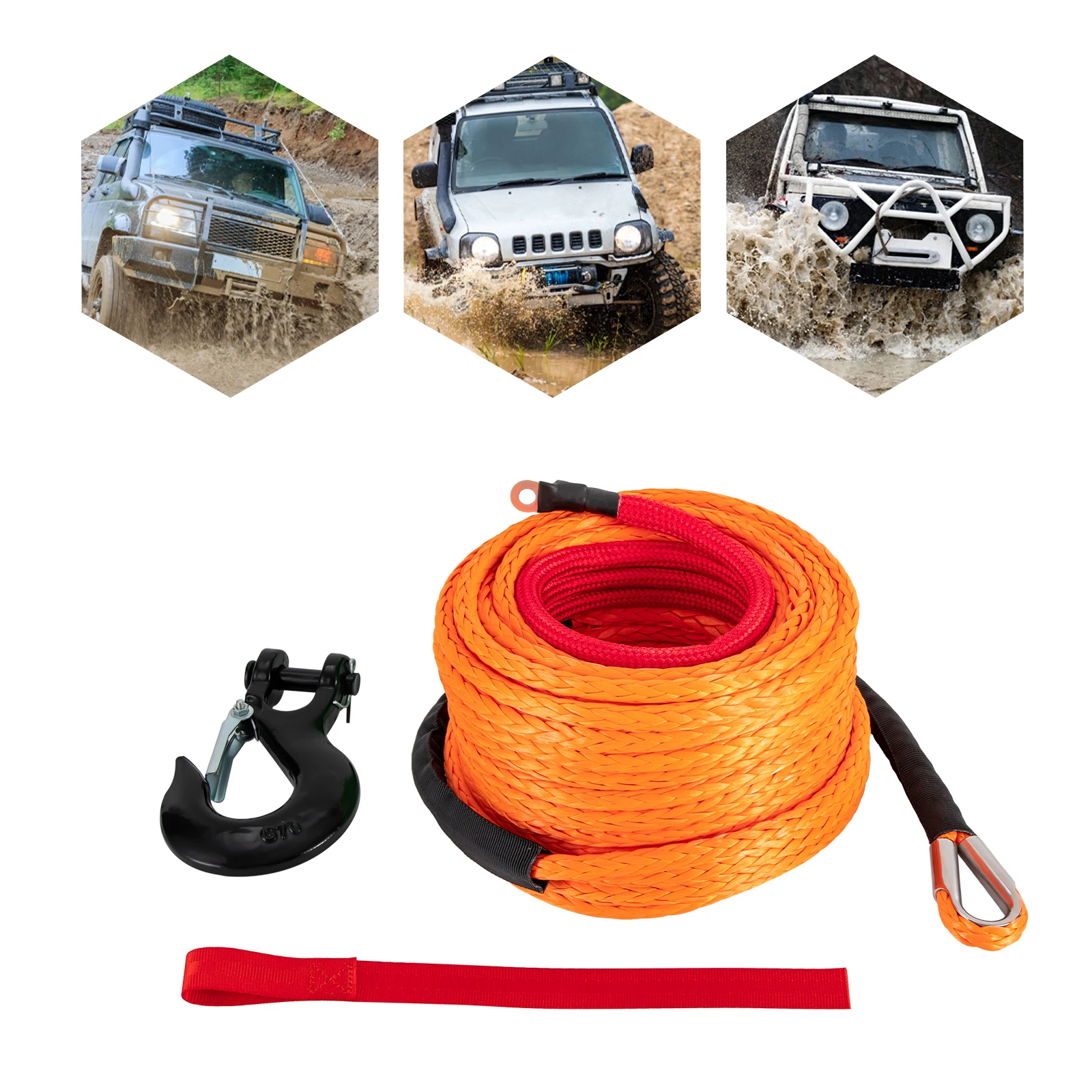 

3/8“ Orange Synthetic Winch Rope Winch Cable with Protective Sleeve Hook Car Tow Recovery Cable Sliding Protective Sleeve